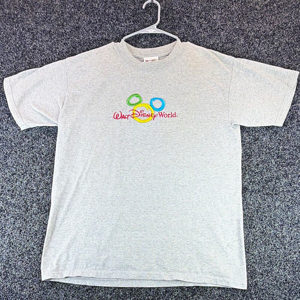 Vintage Y2K Walt Disney World T Shirt Large Gray Embroidered Mickey Logo